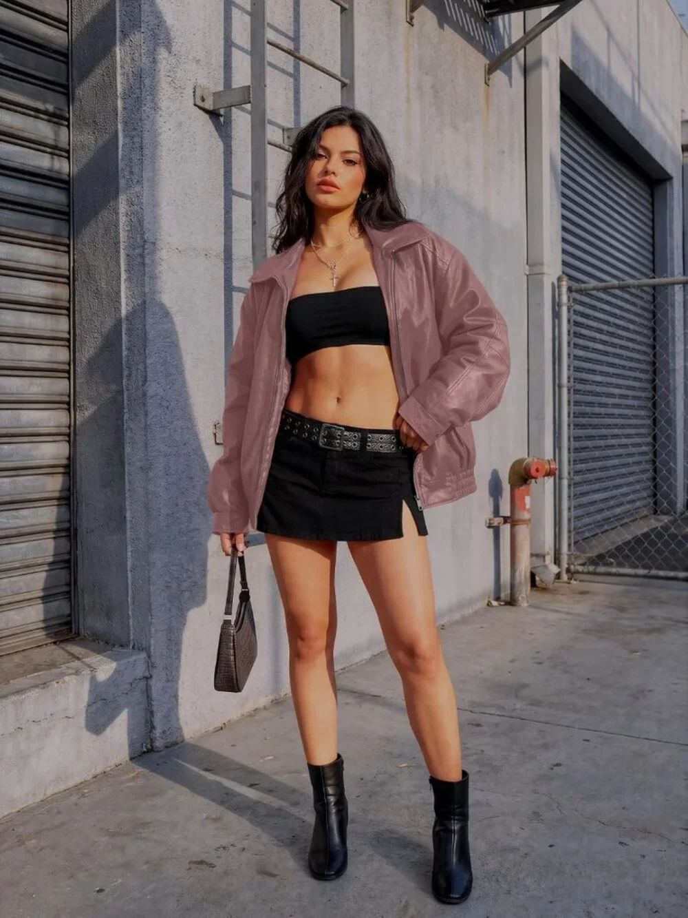 Women's Pink Oversized Faux Leather Loose Weight Fall Winter Outerwear Jacket
